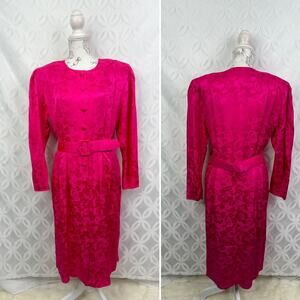 Vintage MS. for Misho 80s Silk Pink Floral Button Belted Midi Dress Size 16